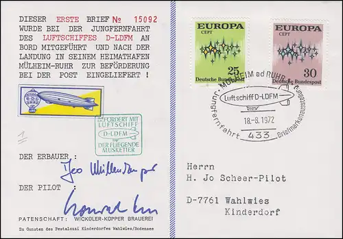 Luftschiffspost DKL 1 D-LDFM Der fliegende Musketier SSt MÜHLHEIM/RUHR 18.8.1972