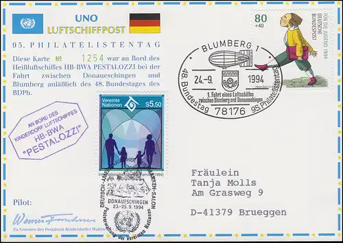 Luftschiffspost DKL 26 B PESTALOZZI 48. BDPh-Bundestag & UNO BLUMBERG 24.9.94