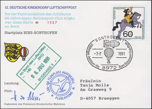 Luftschiffspost DKL 12 BODENSEE Alpen-Ballonsport-Club Allgäu SONTHOFEN 7.7.1991