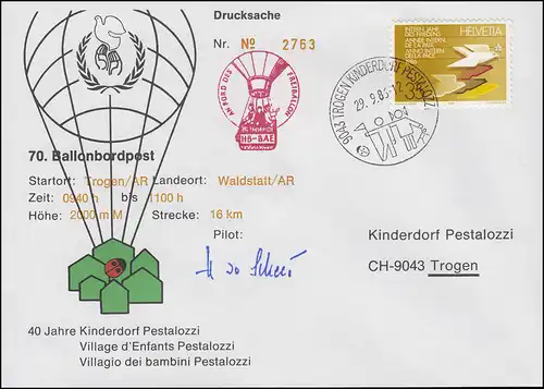 Ballonpost Freiballon HB-BAE Internationales Jahr des Friedens TROGEN 29.9.1986