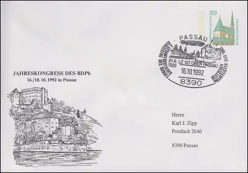 PU 290 SWK 100 Pf. Congrès annuel du BDPh, SSt Passau LZ 127 sur PasSau 16.10.1992