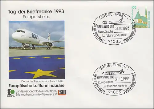 PU 290 Tag der Briefmarke Europ. Luftfahrtindustrie, SSt Sindelfingen 31.10.1993