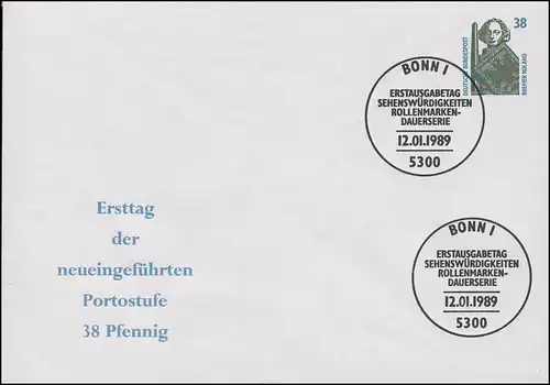 PU 315/14 SWK 38 Pf. Bremer Roland Ersttag 38-Pfennig-Porto, ESSt Bonn 12.1.1989