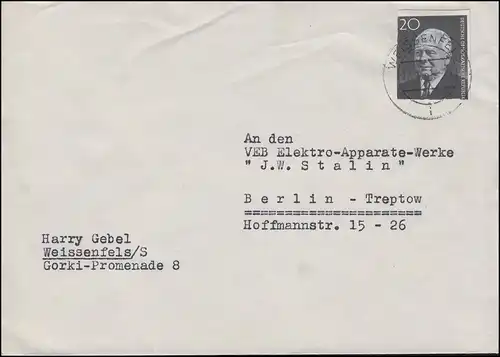 784B Pieck 20 Pf. aus Block 16 als EF Brief WEISSENFELS 13.1.61 nach Berlin 