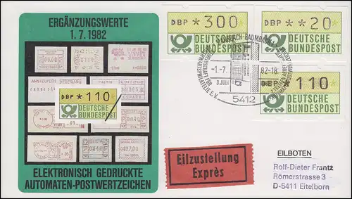 1.1  Drei ATM-Ergänzungswerte 20+110+300 Pf auf Eil-Schmuck FDC ESSt 1.7.1982