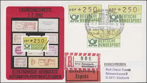 1.1  ATM-Ergänzungswerte 2mal 250 + 130 Pf auf Eil-R-FDC Ransbach ESSt 1.7.82