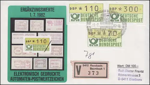 1.1  Drei ATM-Ergänzungswerte 70+110+300 Pf auf Wert-FDC Ransbach ESSt 1.7.82