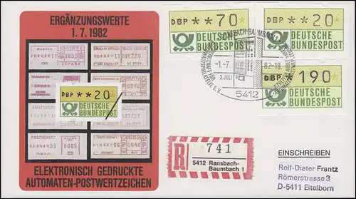 1.1 Trois valeurs supplémentaires ATM 20+70+190 Pf sur Ransbach R-FDC ESSt 1.7.82
