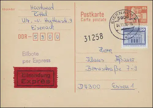 P 87I Bauwerke 25 Pf. mit 1948 Eil-Postkarte von EISENACH 4.11.86 nach Essen