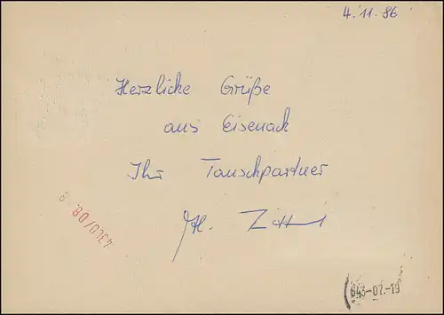 P 87I Bauwerke 25 Pf. mit 1948 Eil-Postkarte von EISENACH 4.11.86 nach Essen
