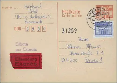 P 87I Bâtiments 25 p. avec carte postale rapide de EISENACH 4.11.1986 à Essen