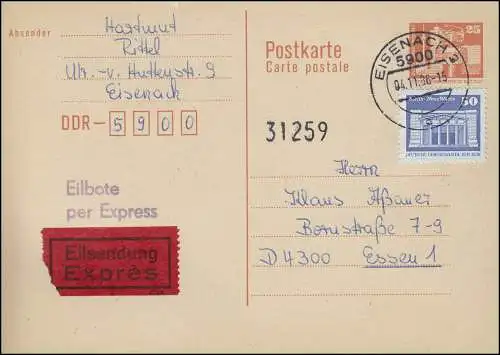 P 87I Bauwerke 25 Pf. mit 1948 Eil-Postkarte von EISENACH 4.11.1986 nach Essen