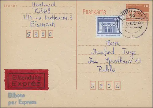P 86I Bauwerke 10 Pf. mit 1948 Eil-Postkarte FDC ET-O EISENACH 8.7.86 nach Ruhla