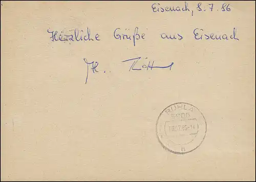 P 86I Bâtiments 10 p. avec carte postale rapide FDC ET-O FERSENACH 8.7.86 vers Ruhla