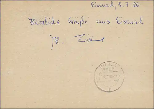 P 86I Bauwerke 10 Pf. mit 1948 Eil-Postkarte FDC ET-O EISENACH 8.7.86 nach Ruhla