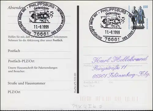 Postfach-PK PFK 4Ib SWK Kleiner Réveil SSt PhILIPPSBURG 11.9.99 vers Schönenberg