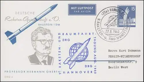 Privatpostkarte PP 19/12 DRG 4 Hermann Oberth 9. Tagung SSt HANNOVER 27.8.1960