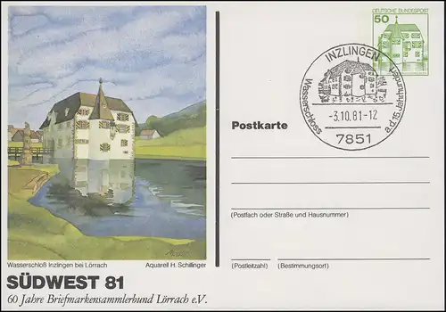 Privatpostkarte PP 104/118 SÜDWEST Wasserschloss Inzingen, SSt INZINGEN 3.10.81