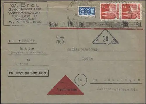 87 wg Bauten 25 Pf MeF NN-Brief Gerichtsvollzieher SSt WITZENHAUSEN 20.8.49