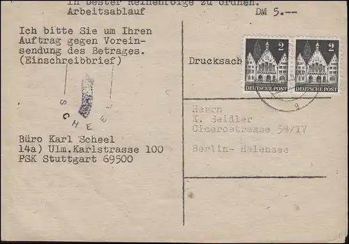 73 wg Bauten 2 Pf  Paar MeF Falt-Drucksache ULM 8.11.48 nach Berlin-Halensee