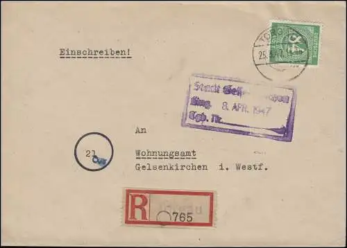 936 Ziffern 84 Pf. EF auf R-Brief Notzettel TORGAU 25.3.47 nach Gelsenkirchen
