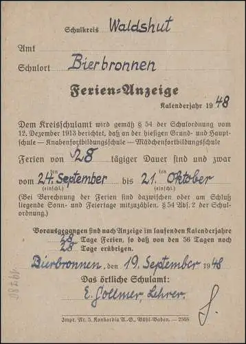 15 - 6 Pf Paar MeF auf Ferienanzeige Postkarte WALDSHUT 21.9.48 an Kreisschulamt