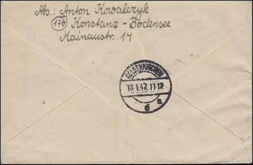 Gebühr-bezahlt-Stempel Eil-R-Brief KONSTANZ 15.4.47 nach GLESENKIRCHEN 18.4.47
