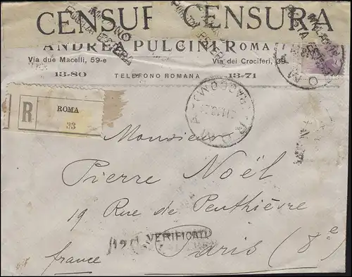 Italienische Zensur R-Brief von Rom über Mailand 8.11.18 nach Paris 