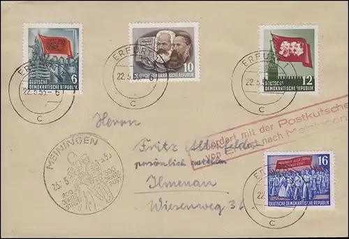 DDR Postkutschen-Post Erfurt-Meiningen Bf.Erfurt 22.5.53 / SSt Meiningen 23.5.53