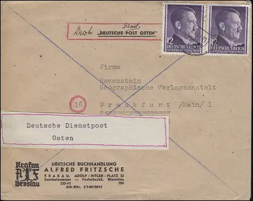 Deutsche Dienstpost Osten Generalgouvernement 101 MeF KRAKAU 7.9.44 n. Frankfurt