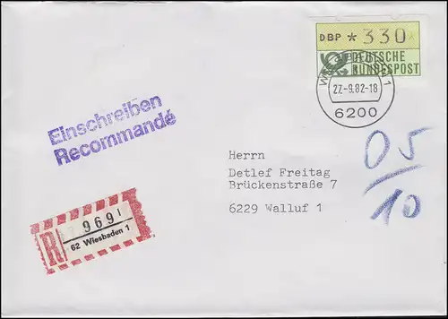 1.1 ATM 330 Pf. auf  R-Brief vom FDC 5er-Stufen WIESBADEN 1 - t  27.9.1982