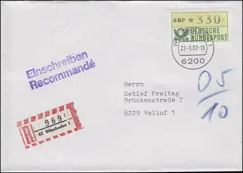 1.1 ATM 330 p. sur lettre R du FDC 5 WIESDADE 1 - t 27.9.1982