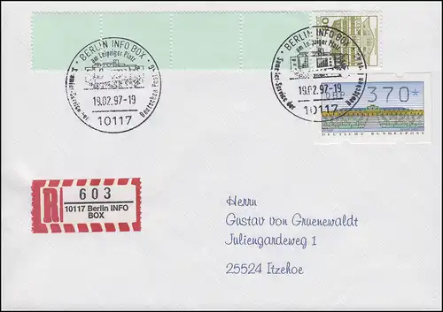 ATM + ZF auf R-Brief mit Sonder-R-Zettel INFO BOX SSt BERLIN 19.2.97