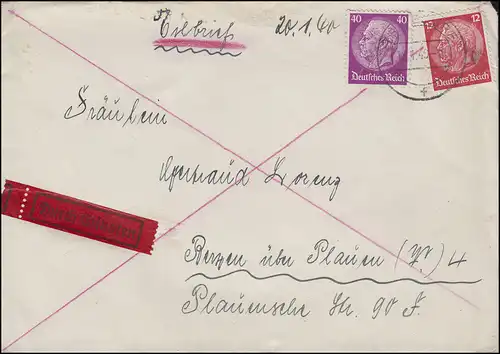 Hindenburg-MiF 40+12 Pf. Eilbrief von TROISDOF 18.1.40 nach Plauen
