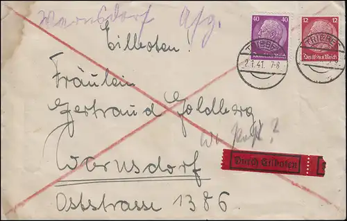 Hindenburg-MiF 40+12 Pf. Eilbrief von TRIEBES 2.1.41 nach Plauen Warnsdorf