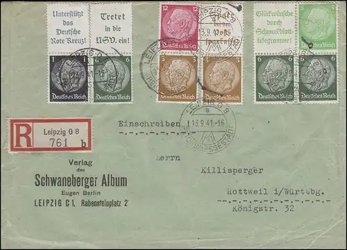 Hindenburg-ZD mit S 175, S 191, S 211, ...  R-Brief mit 5 ZD LEIPZIG 13.9.41