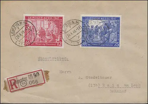 965-966 Messe Leipzig mit Not-R-Zettel auf R-Bf. LEIPZIG N 14 - 24.4.48 n. Rain