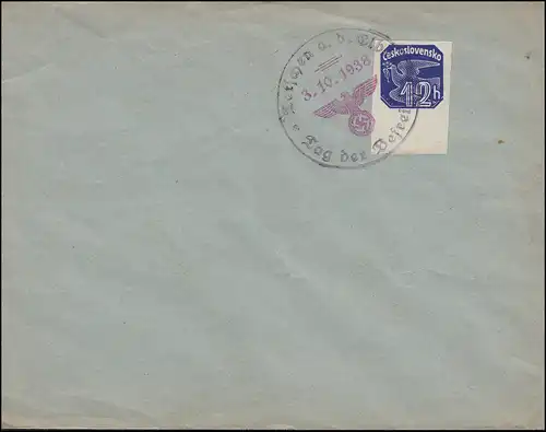 Enveloppe blanche Deux couleurs O Tetschen à l'Elbe - Jour de la Libération 3.10.1938