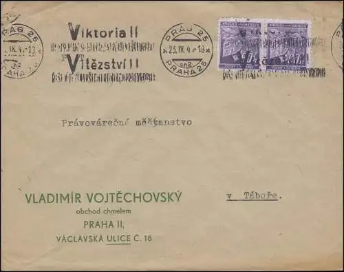65 Lindenzweig 60 H Paar auf Brief Victoria-Werbestempel PRAG / PRAHA 23.9.41