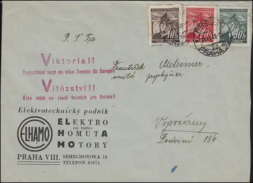 21ff Lindenzweig-MiF auf Brief roter Victoria-Propagandastempel PRAG 24.7.41