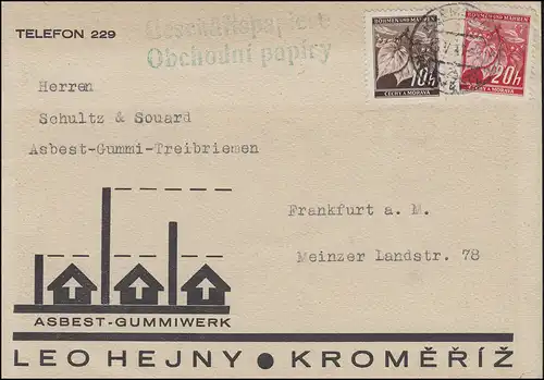 21+22 Lindenbranch-MiF sur carte amiante-Gummiwerk KREMSIER / KROMERIZ 13.5.41
