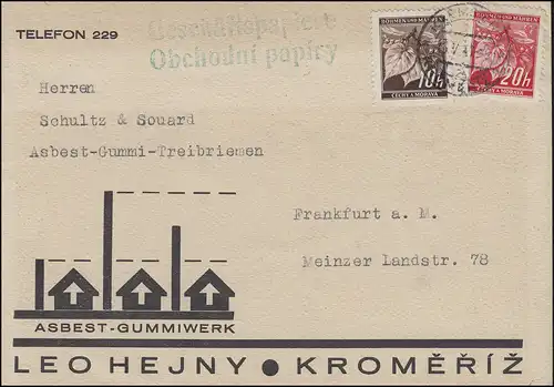 21+22 Lindenzweig-MiF auf Karte Asbest-Gummiwerk KREMSIER / KROMERIZ 13.5.41