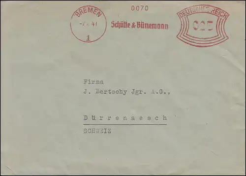Zensur Oberkommando der Wehrmacht Brief AFS 0070 BREMEN 7.2.41 in die Schweiz 