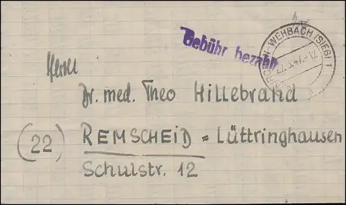 Gebühr-Bezahlt auf Falt-Brief KIRCHEN-WEHBACH / SIEG 27.3.27 nach Remscheid