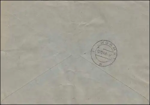 85wg + 90wg Bauten-MiF R-Brief Not-R-Zettel DARMSTADT 3 nach WORMS 2.12.48