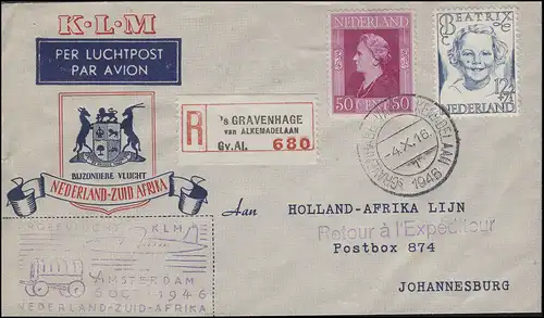 Flugpost KLM Niederlande - Südafrika R-Brief S'Gravenhage-Alkemadelaan 4.10.46