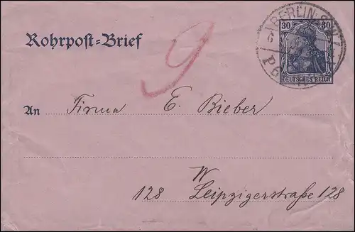 Rohrpostumschlag RU 5 Germania 30 Pf. BERLIN P6 (R3) an P9 (R9) 6.12.1902 