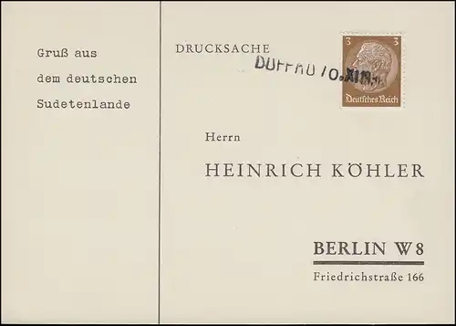 Sudetenland 1938: Drucksache Einzeiler "DUPPAU / 10. XI. 1938" nach Berlin