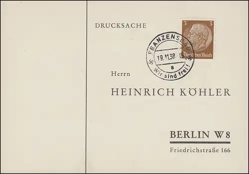 Sudetenland 1938: Imprimer FRANZENSBAD Nous sommes libres! 19.11.38 à Berlin