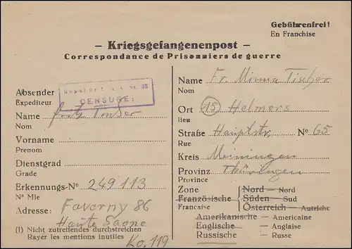 Kriegsgefangenenpost Depot 86/119 Faverney/Haute-Saone n. Helmers/Thür 15.9.1946